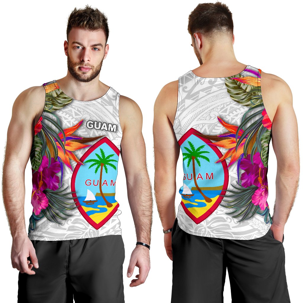 Guam Men's Tank Top Polynesian Hibiscus White Pattern