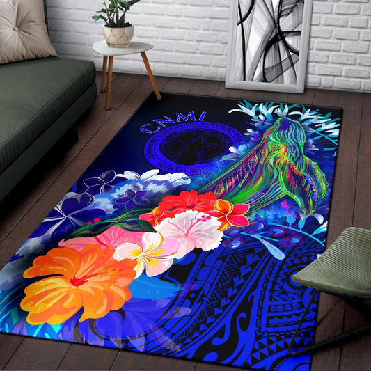 CNMI Area Rug Humpback Whale with Tropical Flowers (Blue)