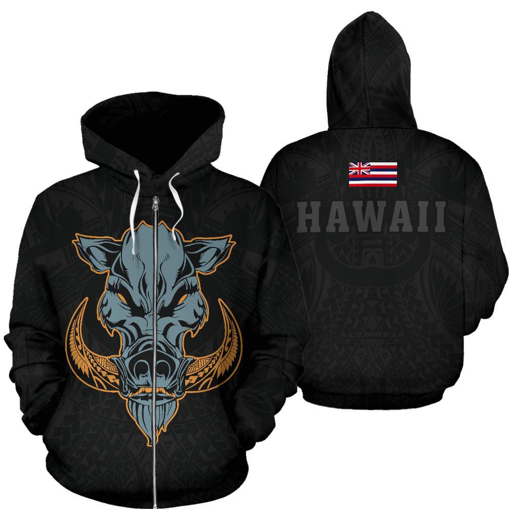 Polynesian Kamapua'a Flag Of Hawaii Zip Hoodie Grey Hawaiian Mythology Style