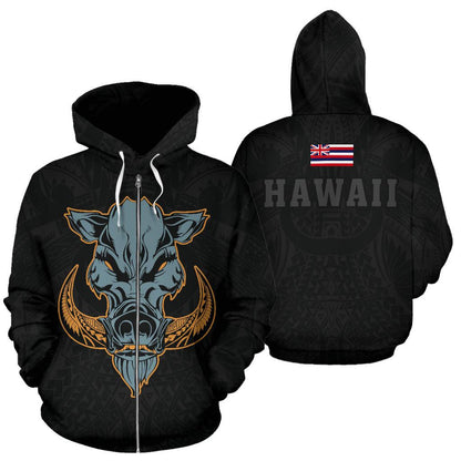 Polynesian Kamapua'a Flag Of Hawaii Zip Hoodie Grey Hawaiian Mythology Style