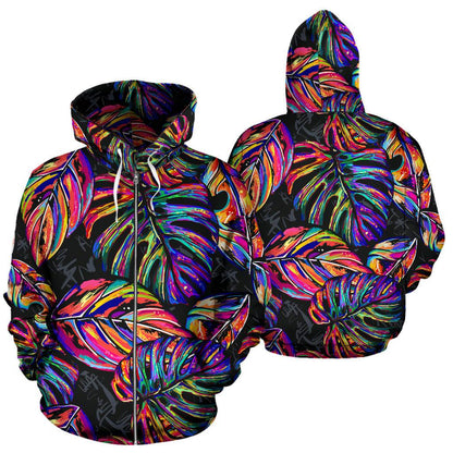 Palm Leaves All Over Zip Up Hoodie Neon Color
