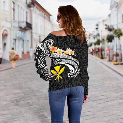 Hawaii Women's Off Shoulder Sweater Kanaka Maoli Polynesian Patterns Plumeria (Black)