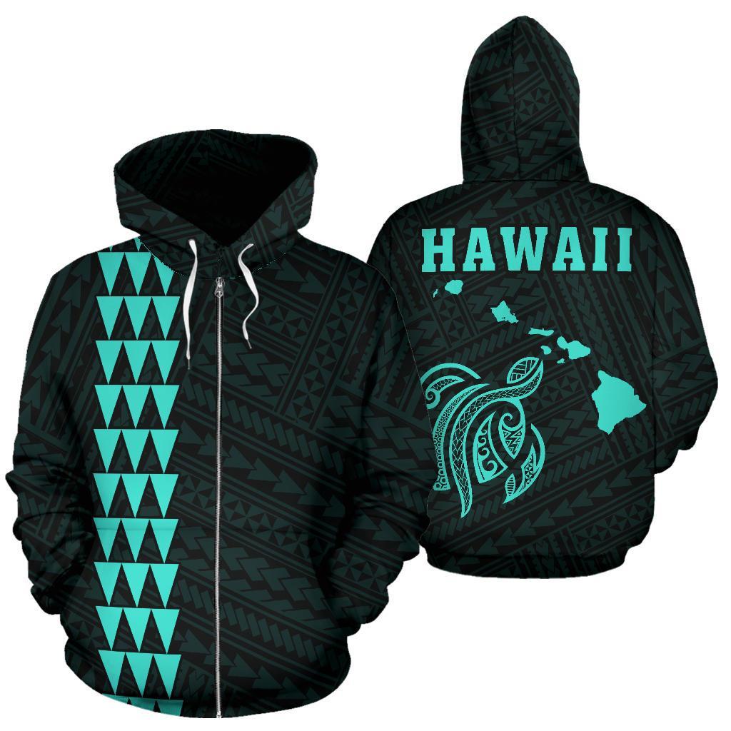 Polynesian Kakau Turtle Map Of Hawaii Zip Hoodie Turquoise