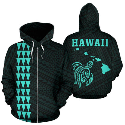 Polynesian Kakau Turtle Map Of Hawaii Zip Hoodie Turquoise