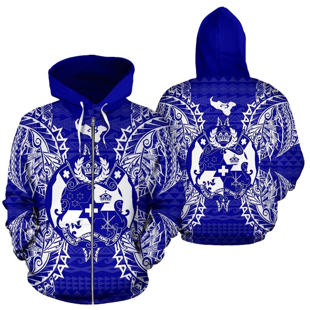 Tonga Polynesian All Over Zip Up Hoodie Map Blue