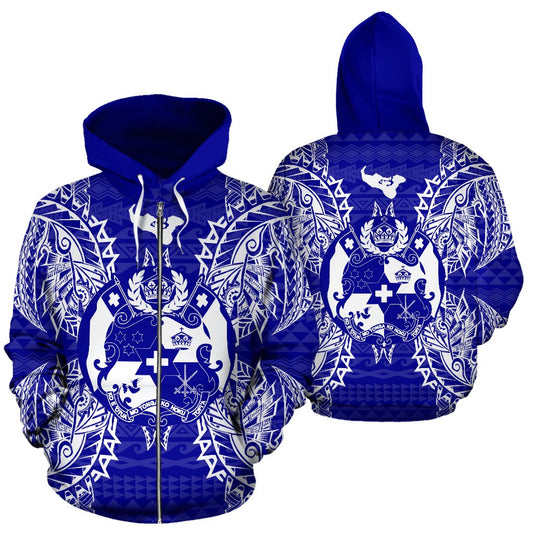 Tonga Polynesian All Over Zip Up Hoodie Map Blue