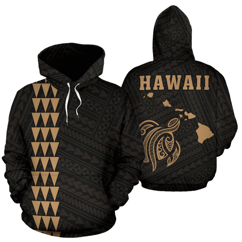 Polynesian Kakau Turtle Map Of Hawaii Hoodie Gold