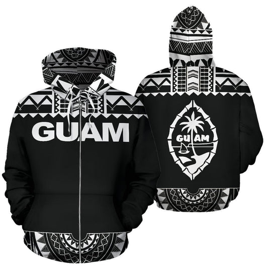 Guam All Over Zip Up Hoodie Polynesian Black And White