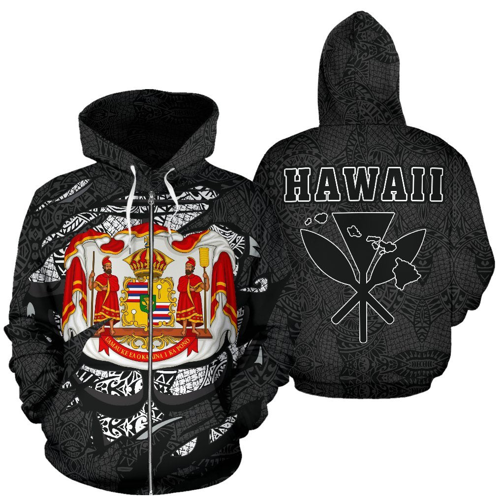 Polynesian Kanaka Maoli Royal Coat Of Arms Hawaii Zip Hoodie Gray