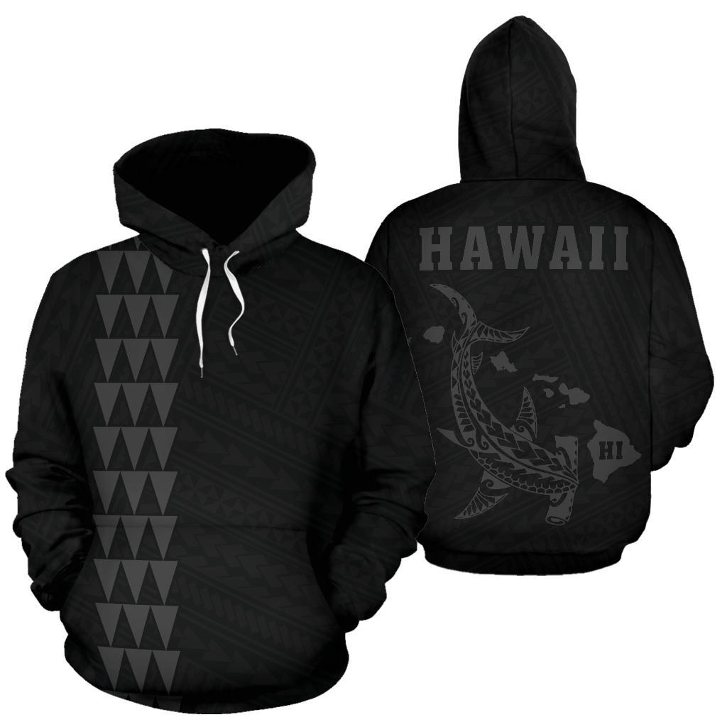 Polynesian Kakau Hammerhead Shark Map Of Hawaii Hoodie Grey