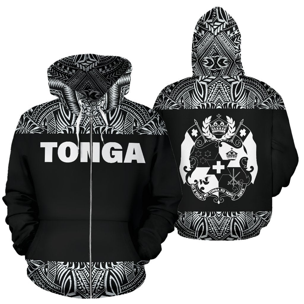 Tonga All Over Zip Up Hoodie Polynesian Black And White