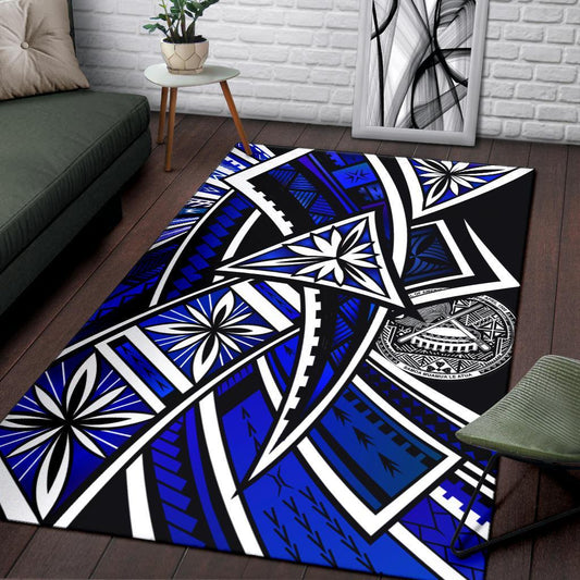 American Samoa Area Rug Tribal Flower Special Pattern Blue Color
