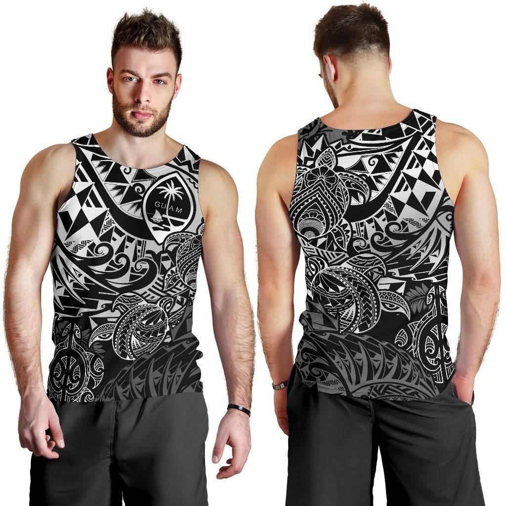 Guam Polynesian Tank Top Men White Turtle Flowing