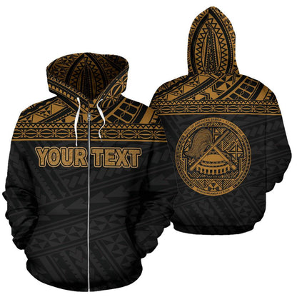 Custom Text American Samoa All Over Custom Personalised Zip Up Hoodie Polynesian Gold