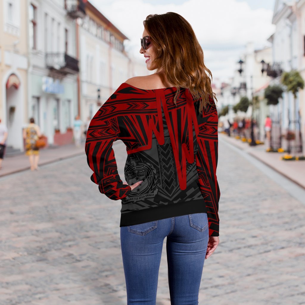 Samoa Women's Off Shoulder Sweater Samoa Seal With Polynesian Pattern In Heartbeat Style (Red)