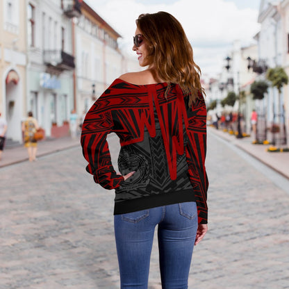 Samoa Women's Off Shoulder Sweater Samoa Seal With Polynesian Pattern In Heartbeat Style (Red)