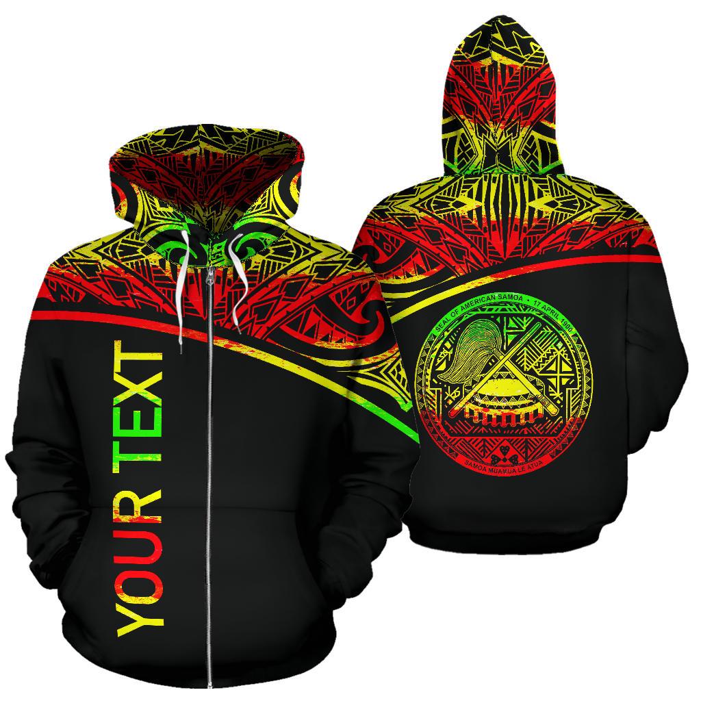 Custom Text American Samoa All Over Custom Personalised Zip Up Hoodie Polynesian Reggae Curve