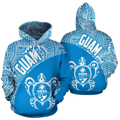 Guam Hoodie Guam Coat Of Arm In Turtle Polynesian Tattoo Blue White Th9