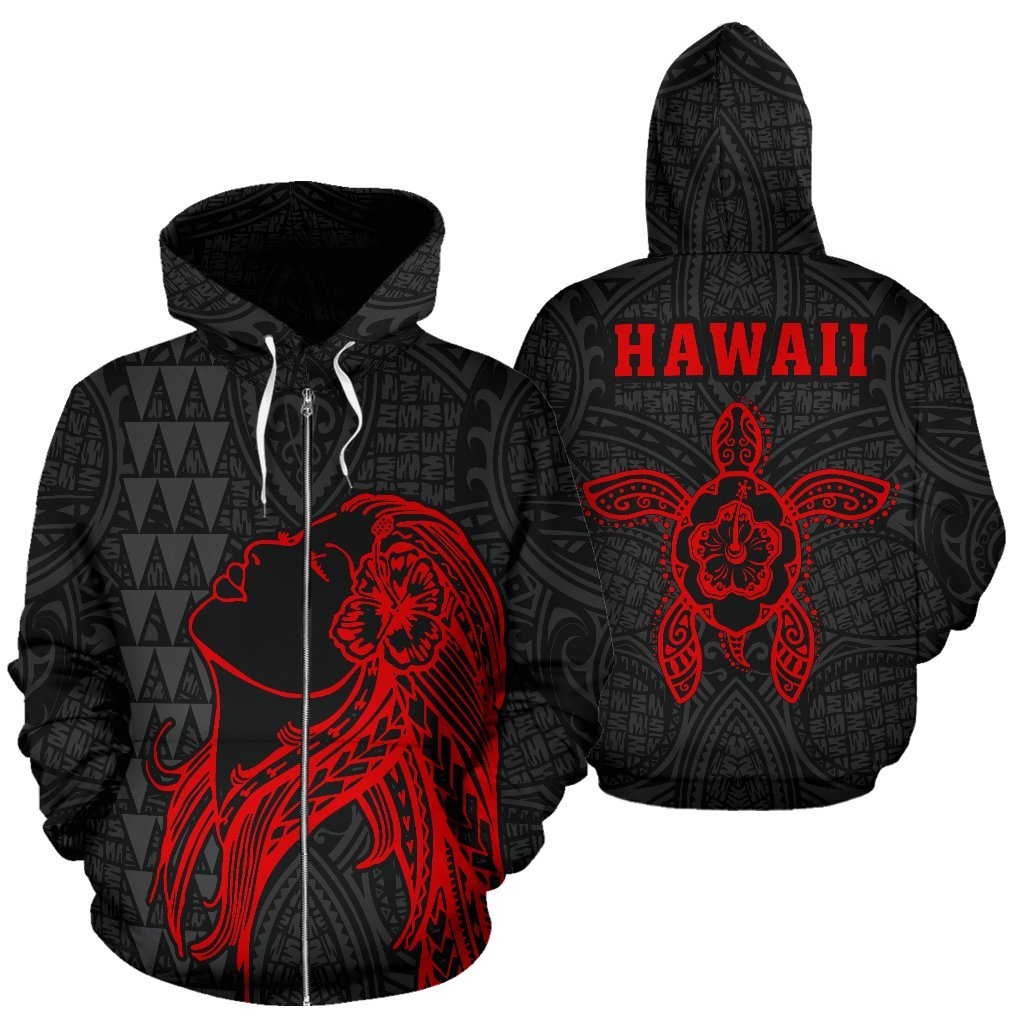 Polynesian Kakau Hula Girl Turtle Hibiscus Hawaii Zip Hoodie Red