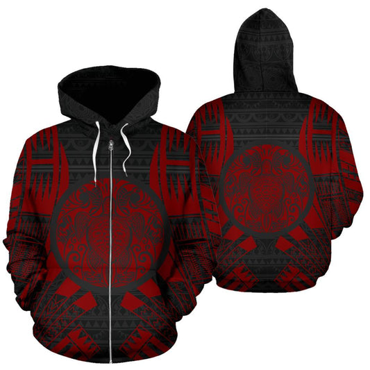 Turtle All Over Zip Up Hoodie Red Tattoo Style
