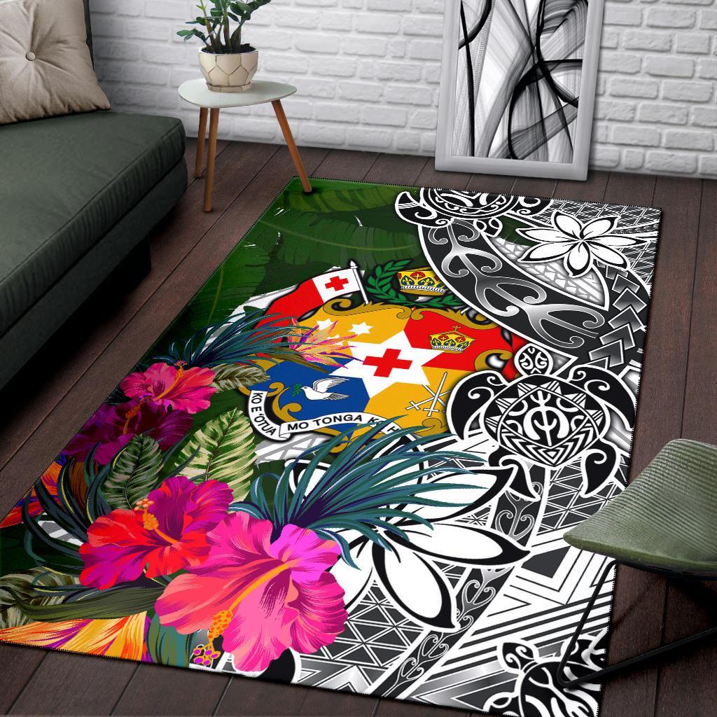 Tonga Area Rug White Turtle Plumeria Banana Leaf