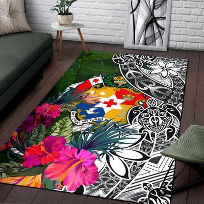 Tonga Area Rug White Turtle Plumeria Banana Leaf