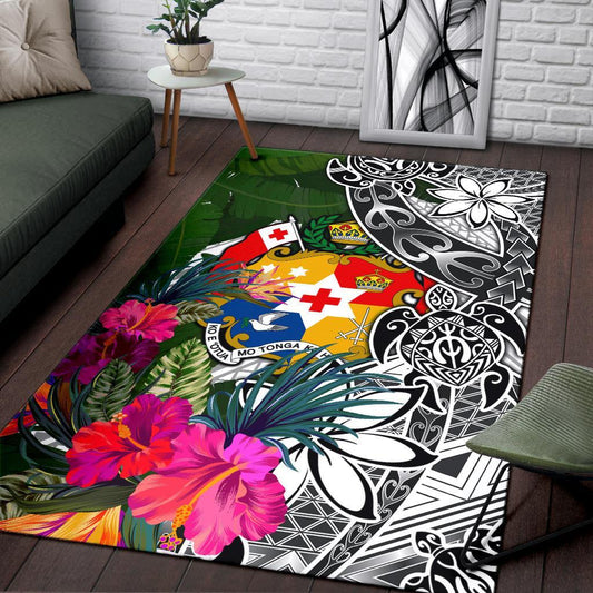 Tonga Area Rug White Turtle Plumeria Banana Leaf