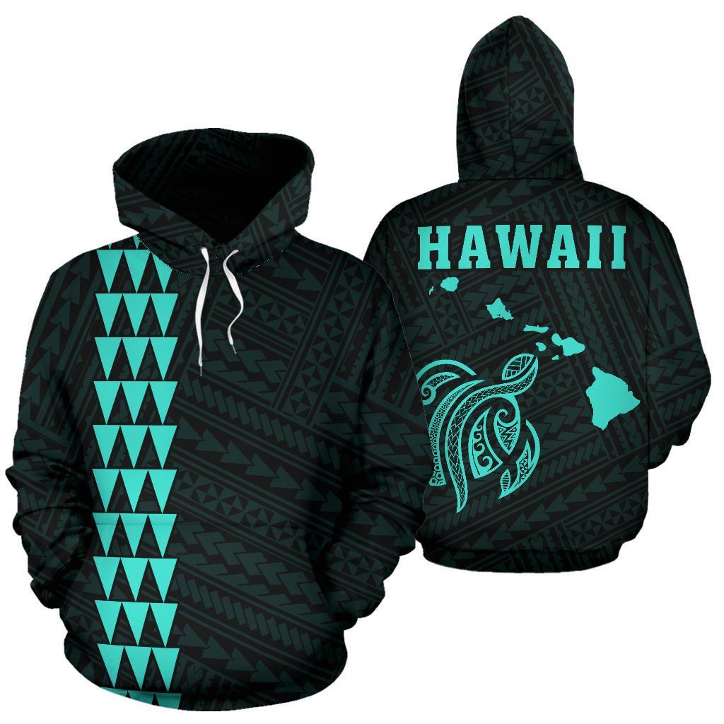 Polynesian Kakau Turtle Map Of Hawaii Hoodie Turquoise