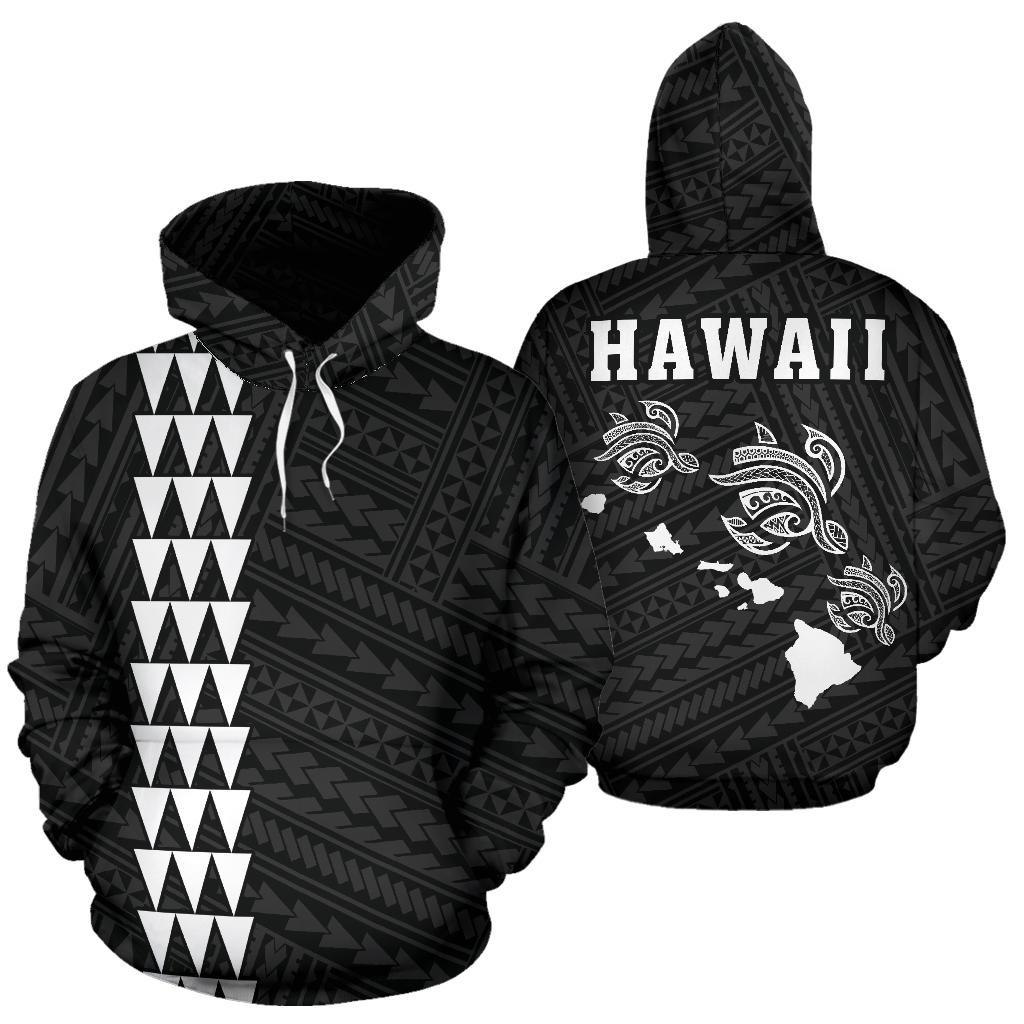 Polynesian Kakau Three Turtle Map Of Hawaii Hoodie White