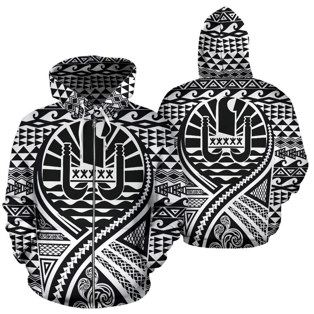 French Polynesia All Over Zip Up Hoodie Lift Up Black