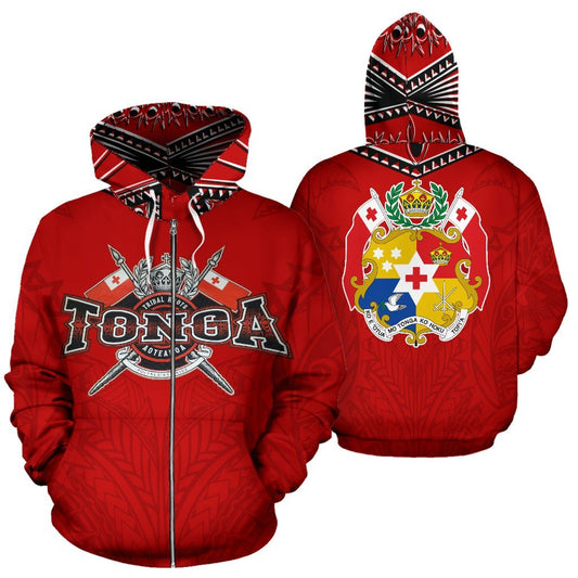 Tonga Zip Up Hoodie Tonga Flag COat Of Arms Tribal Roots Red K4