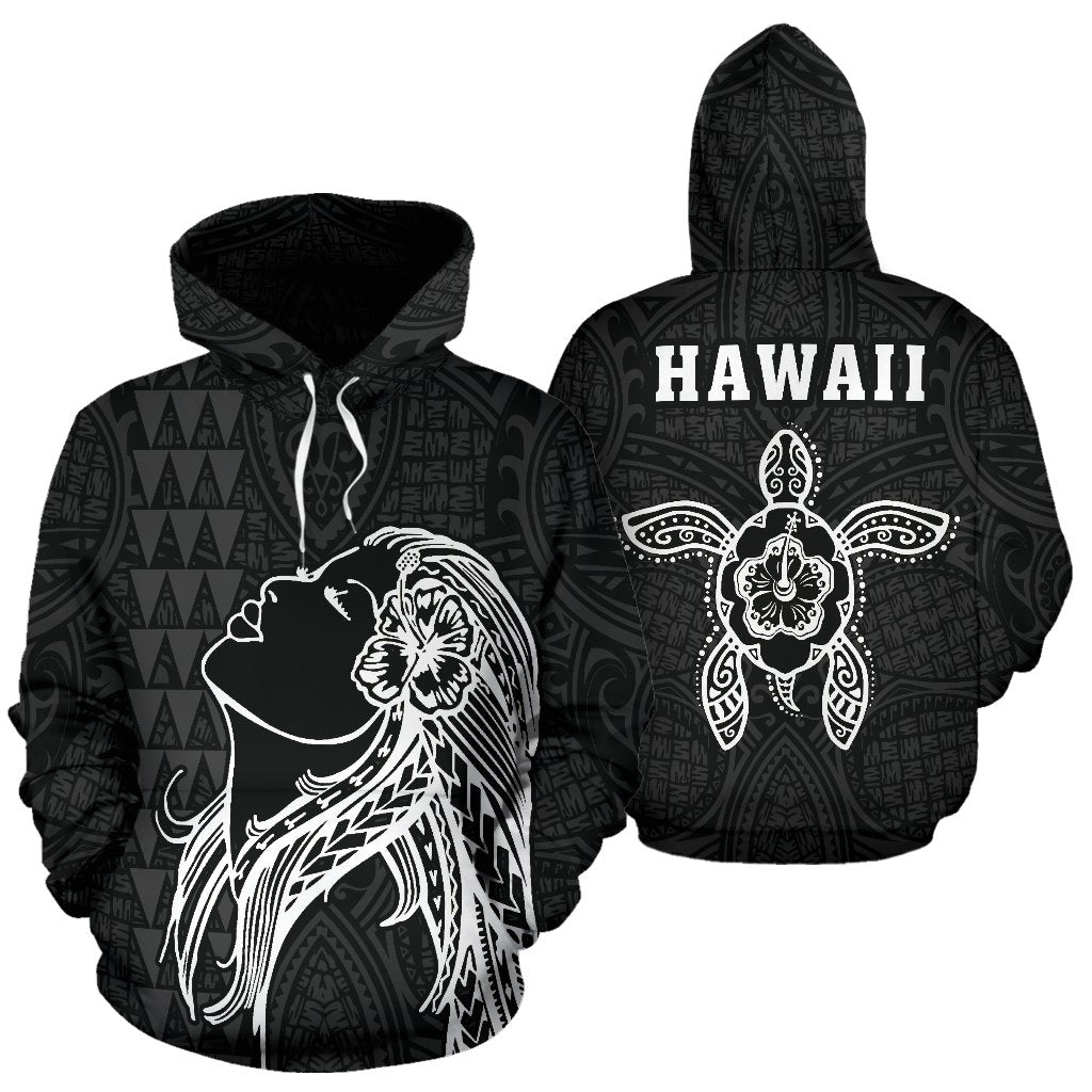 Polynesian Kakau Hula Girl Turtle Hibiscus Hawaii Hoodie White