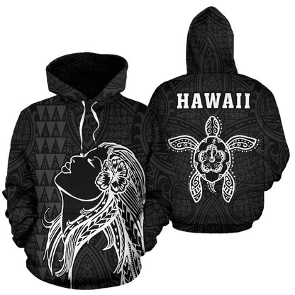 Polynesian Kakau Hula Girl Turtle Hibiscus Hawaii Hoodie White