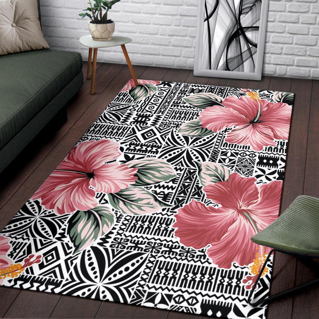 Polynesian Area Rug Pink Hibiscus Flower With Hawaiian Tribal Motifs
