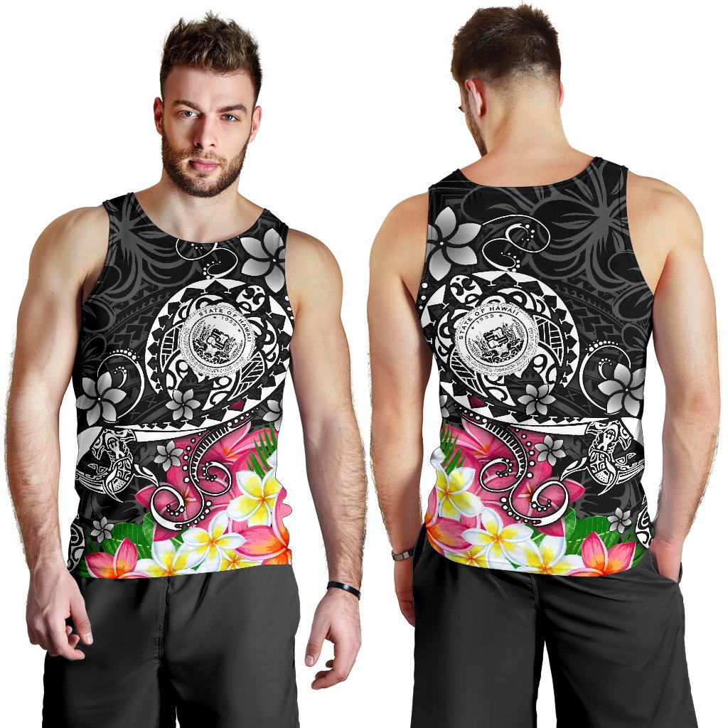 Hawaii Polynesian Men's Tank Top Hawaii Seal With Turtle Plumeria Black