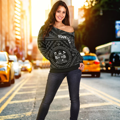 Fiji Personalised Women's Off Shoulfer s Fiji Seal With Polynesian Tattoo Style ( Black)