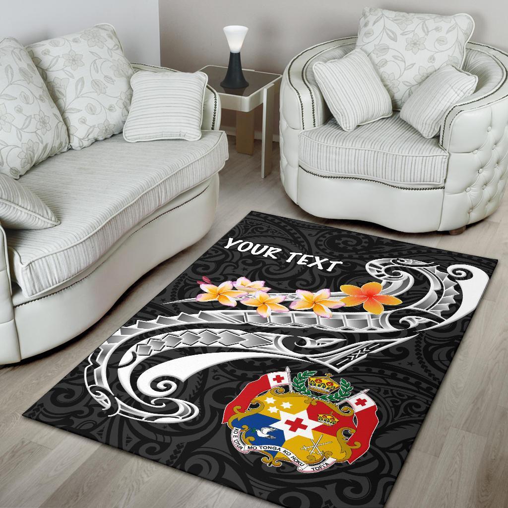 Tonga Custom Personalised Area Rug Tonga Seal Polynesian Patterns Plumeria (Black)