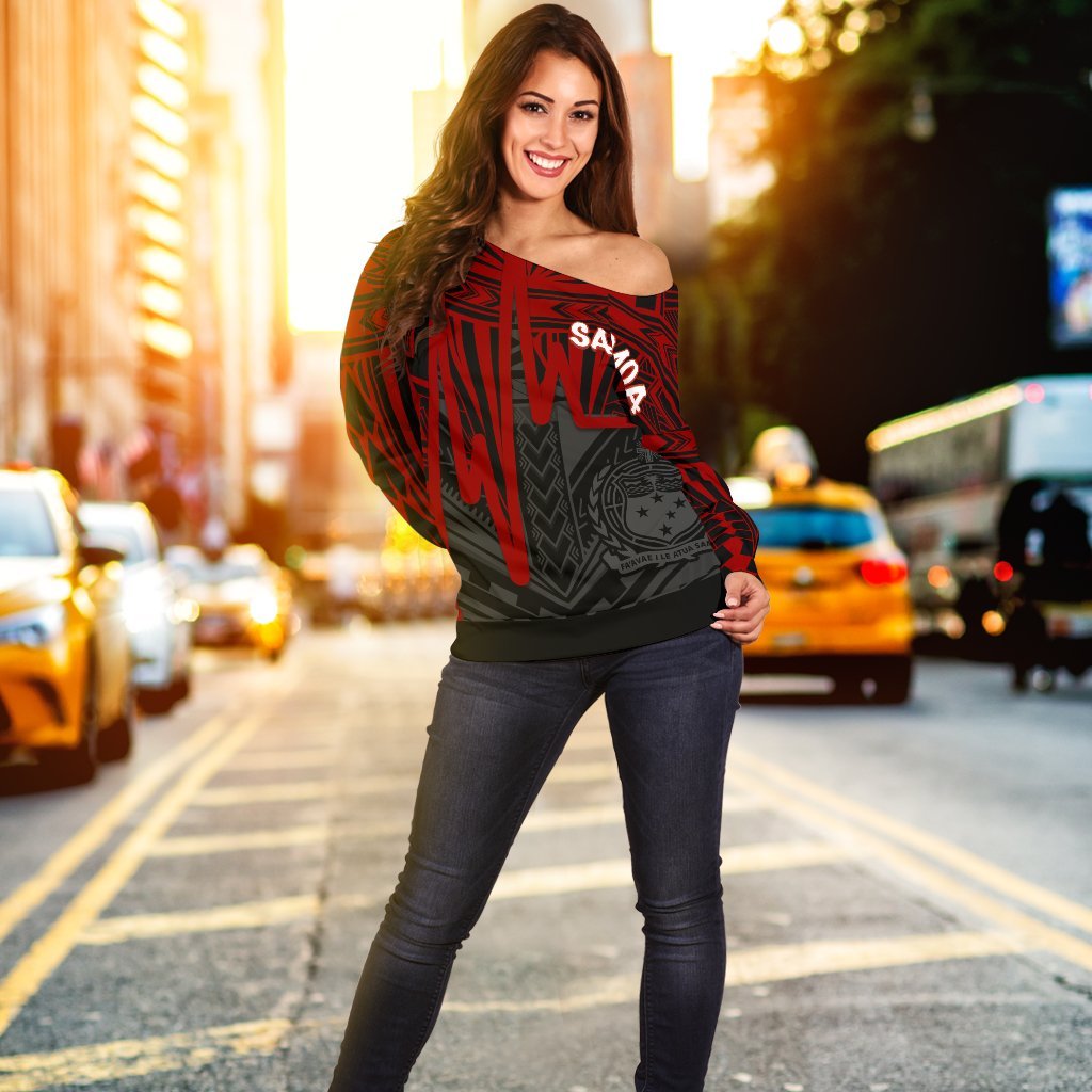 Samoa Women's Off Shoulder Sweater Samoa Seal With Polynesian Pattern In Heartbeat Style (Red)