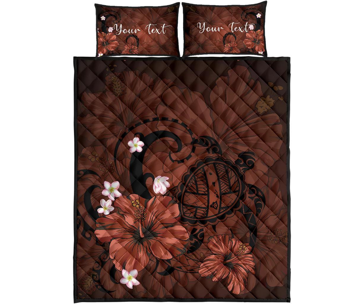 Personalized Hawaii Map Turtle Hibiscus Plumeria Polynesian Quilt Bed Set Brown