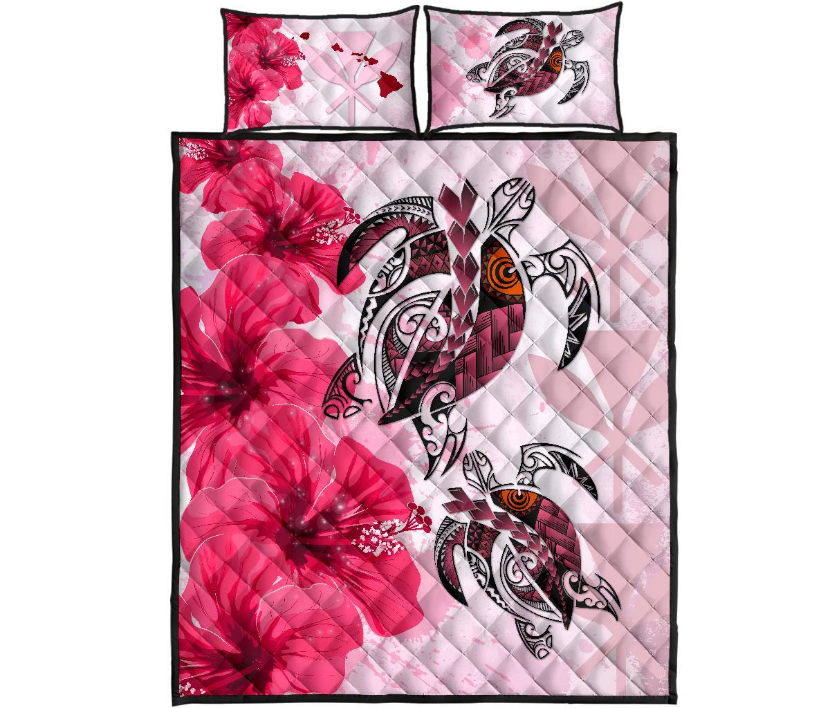 Hawaii Quilt Bed Set Polynesia Turtle Hibiscus Pink