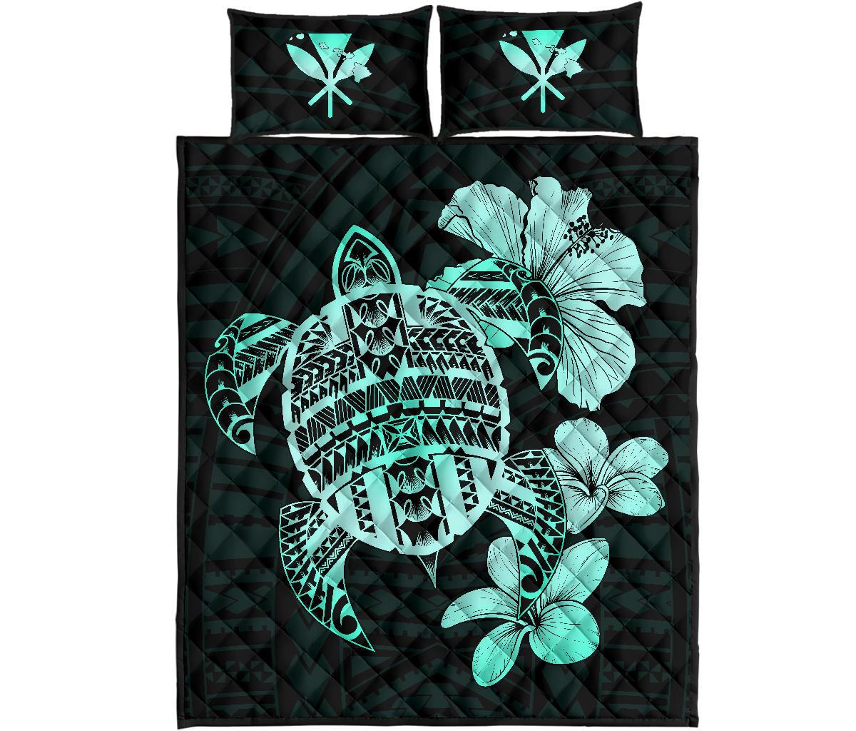 Hawaiian Kanaka Hibiscus Plumeria Mix Polynesian Turtle Quilt Bed Set Turquoise AH