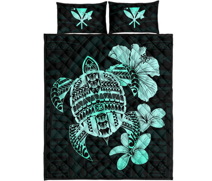 Hawaiian Kanaka Hibiscus Plumeria Mix Polynesian Turtle Quilt Bed Set Turquoise AH