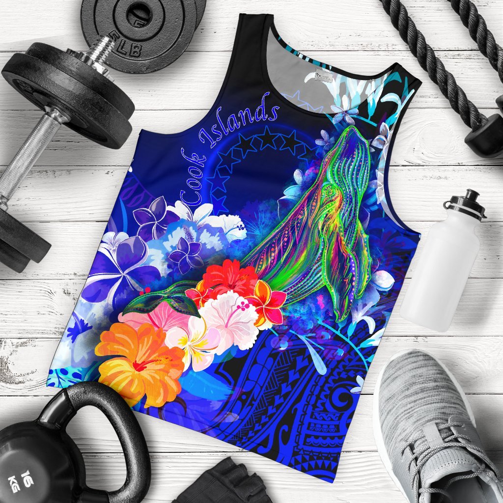 Cook Islands Men's Tank Top Humpback Whale with Tropical Flowers Blue