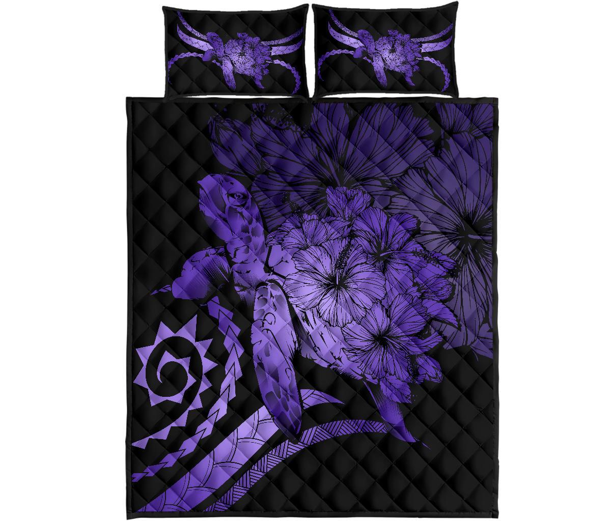 Hawaii Turtle Hibiscus Polynesian Vintage Quilt Bed Set Purple
