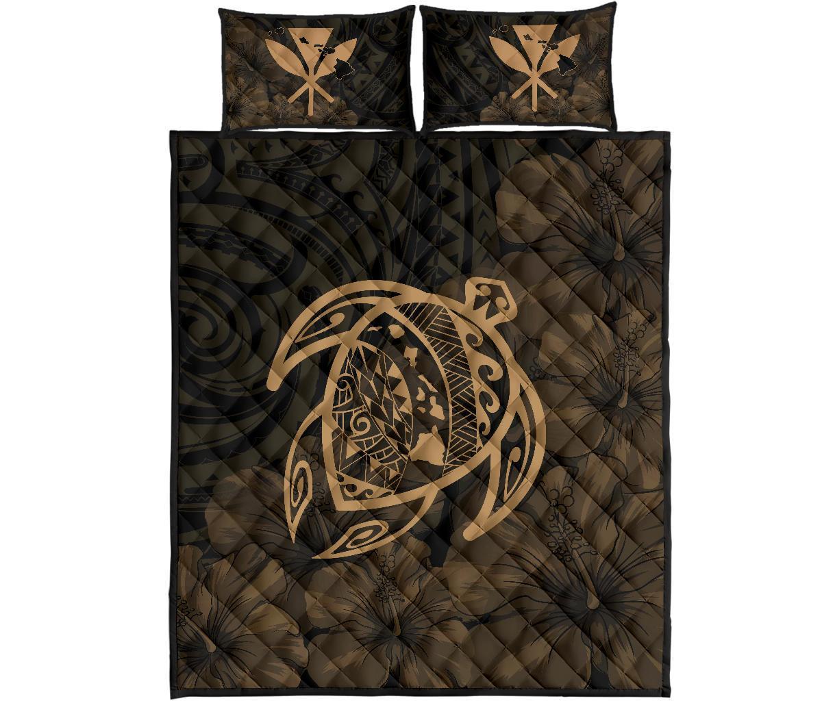 Hawaii Turtle Kanaka Map Hibiscus Poly Quilt Bed Set Gold