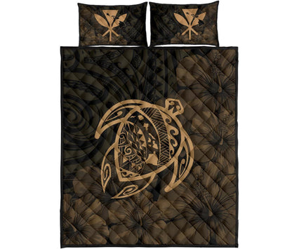 Hawaii Turtle Kanaka Map Hibiscus Poly Quilt Bed Set Gold
