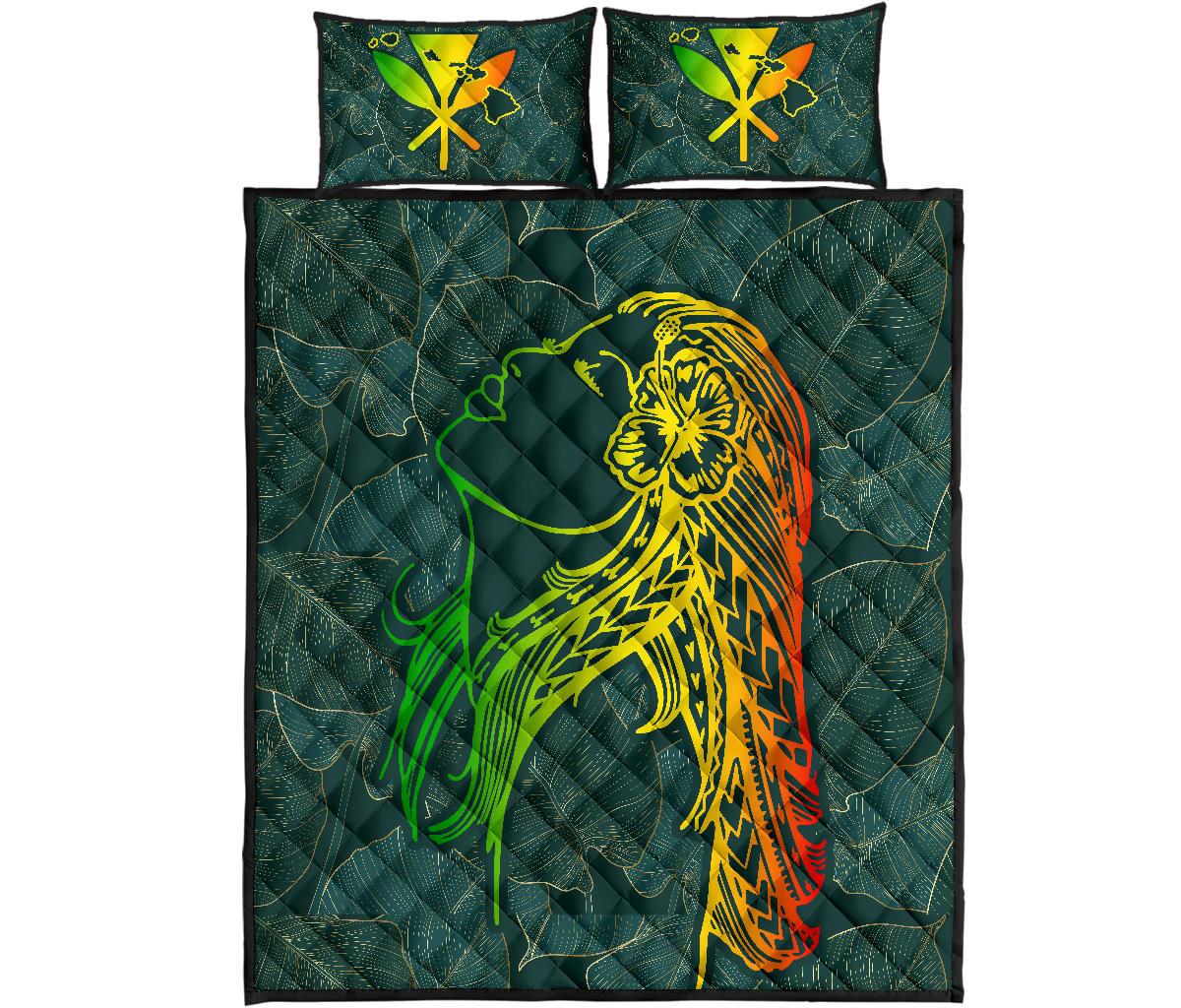 Hawaii Monstera Kalo Hula Girl Kanaka Maoli Quilt Bed Set