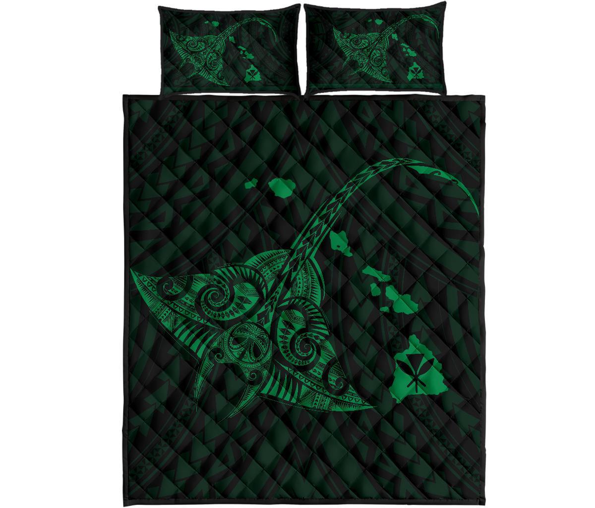 Hawaii Manta Ray Map Polynesian Green Quilt Bed Set
