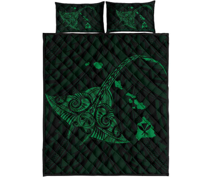 Hawaii Manta Ray Map Polynesian Green Quilt Bed Set