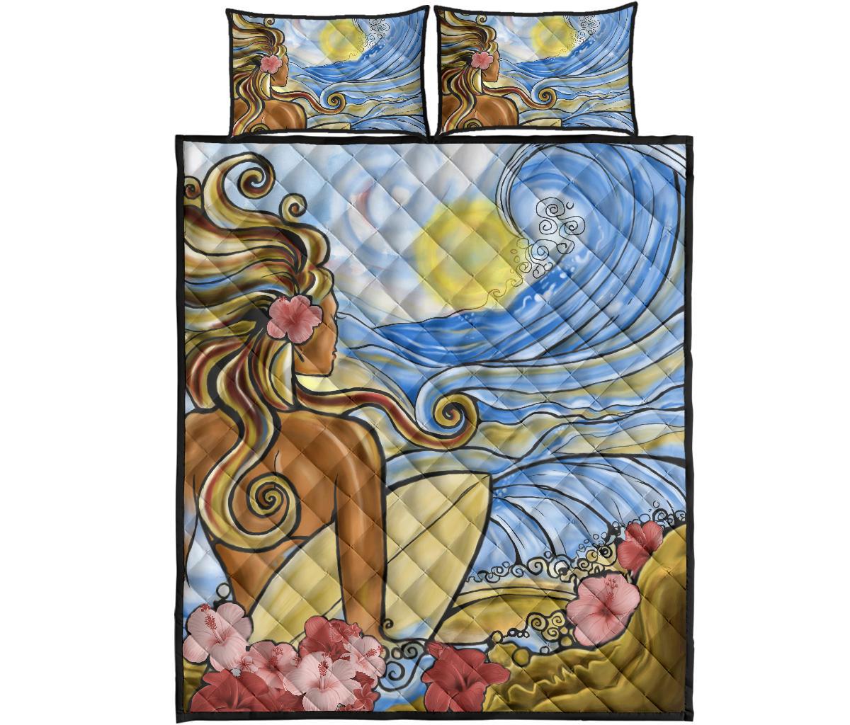 Hawaii The Girl Surfing Wave Quilt Bed Set